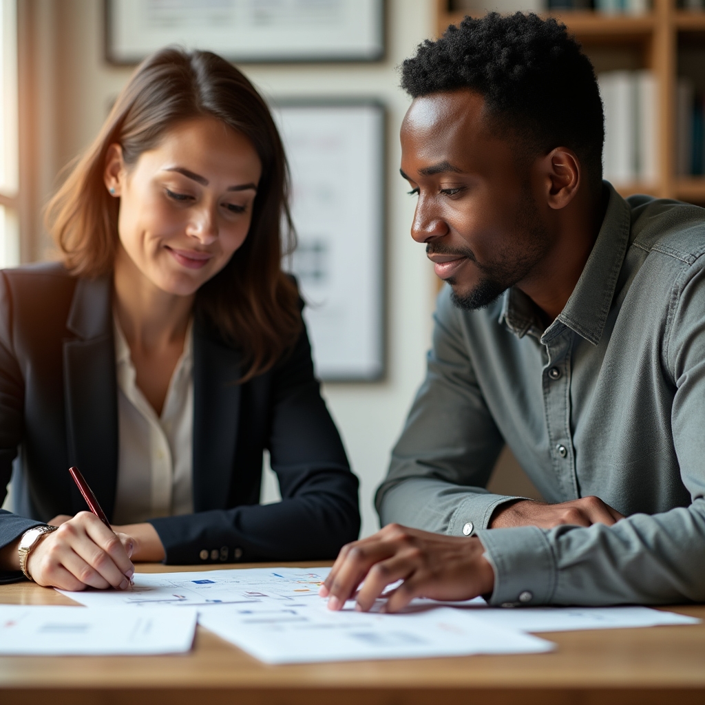 Practice manager and consultant reviewing front-desk workflow notes together at a shared desk